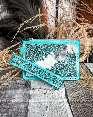 Sage River Hand Tooled Hairon Leather Card Holder in Frontier Aqua By Myra Bag – Purses & Wallets from Bronco Western Supply Co.