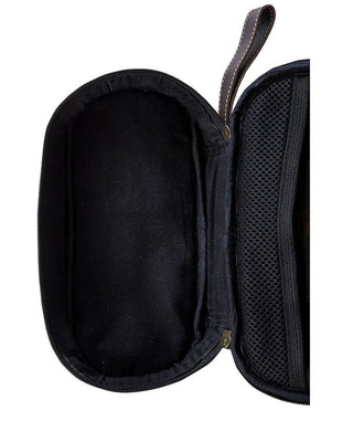 Black travel case with mesh pocket on a white background