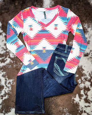 Santa Fe Long Sleeved Aztec Top by Sterling Kreek – Apparel from Bronco Western Supply Co.