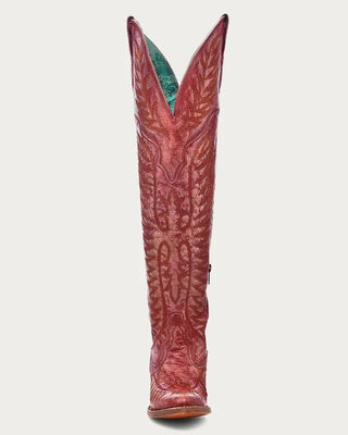 Red cowboy boot with intricate patterns on a white background