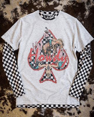 Scarlet Spade Rhinestone Howdy Tee in Gray – Apparel from Bronco Western Supply Co.