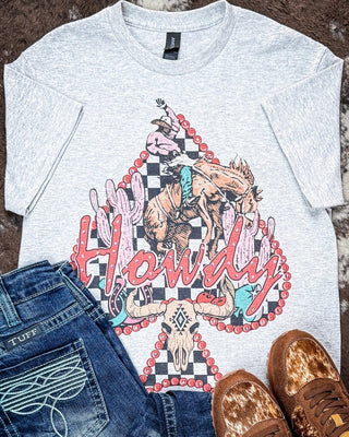 Scarlet Spade Rhinestone Howdy Tee in Gray – Apparel from Bronco Western Supply Co.