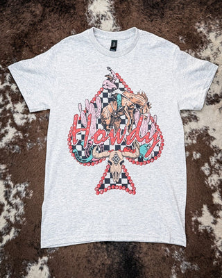 Scarlet Spade Rhinestone Howdy Tee in Gray – Apparel from Bronco Western Supply Co.