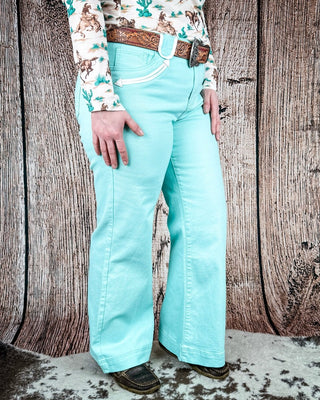 Seabrook Arrow Pocket Wide Leg Jeans in Mint by Lucky and Blessed – Apparel from Bronco Western Supply Co.