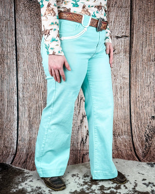 Seabrook Arrow Pocket Wide Leg Jeans in Mint by Lucky and Blessed – Apparel from Bronco Western Supply Co.