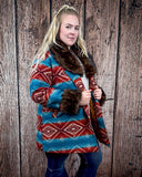 Sedona Luxe Aztec Fur Coat – Turquoise & Maroon Wool Blend - Apparel - Lucky & Blessed - Bronco Western Supply Co.
