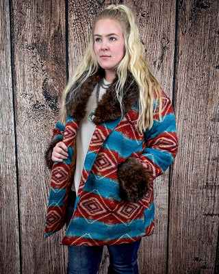 Sedona Luxe Aztec Fur Coat – Turquoise & Maroon Wool Blend – Apparel from Bronco Western Supply Co.