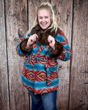 Sedona Luxe Aztec Fur Coat – Turquoise & Maroon Wool Blend - Apparel - Lucky & Blessed - Bronco Western Supply Co.