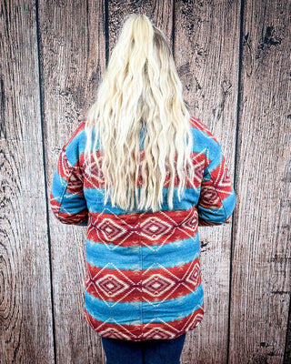 Sedona Luxe Aztec Fur Coat – Turquoise & Maroon Wool Blend – Apparel from Bronco Western Supply Co.