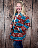 Sedona Luxe Aztec Fur Coat – Turquoise & Maroon Wool Blend - Apparel - Lucky & Blessed - Bronco Western Supply Co.