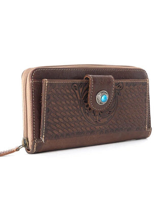 Brown leather wallet with decorative emblem on a white background