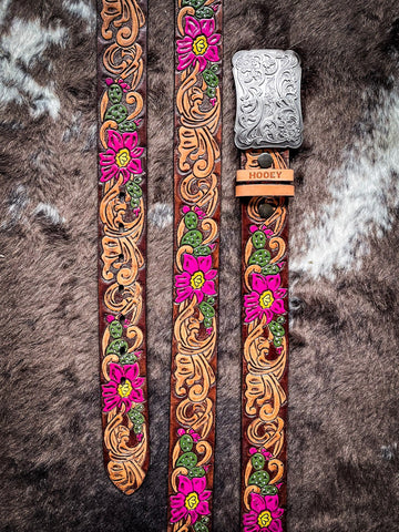 Senorita - Brown and Fuchsia Cactus Blossom Hooey Belt - Apparel - Hooey - Bronco Western Supply Co.