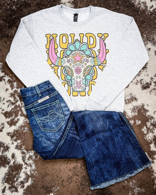 Sierra Bloom Rhinestone Howdy Sweatshirt in Gray – Apparel from Bronco Western Supply Co.