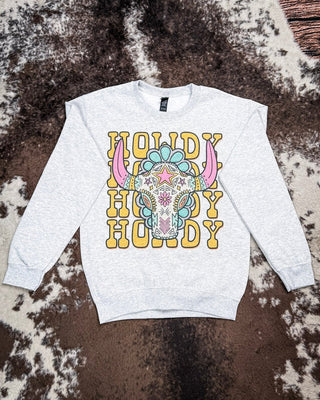 Sierra Bloom Rhinestone Howdy Sweatshirt in Gray – Apparel from Bronco Western Supply Co.