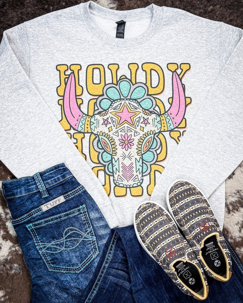 Sierra Bloom Rhinestone Howdy Sweatshirt in Gray – Apparel from Bronco Western Supply Co.