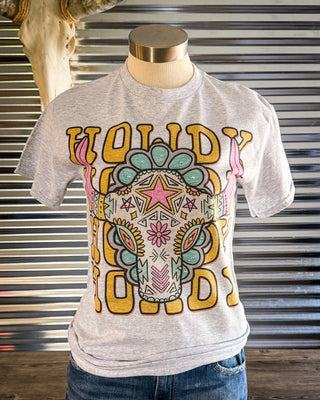 Sierra Bloom Rhinestone Howdy Tee in Gray – Apparel from Bronco Western Supply Co.
