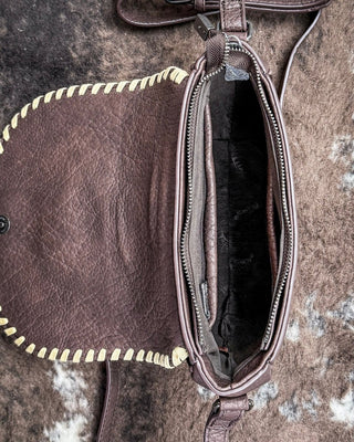 Sierra Mesa Hide Saddle Crossbody in Coffee by Trinity Ranch – Purses & Wallets from Bronco Western Supply Co.