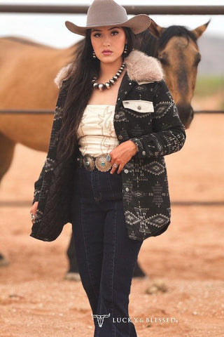 Sierra Quilted Aztec Jacket with Faux Fur Collar – Black & Ivory Wool Blend – Apparel from Bronco Western Supply Co.