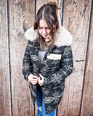 Sierra Quilted Aztec Jacket with Faux Fur Collar – Black & Ivory Wool Blend – Apparel from Bronco Western Supply Co.