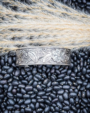 Silver Mesa Floral Engraved Fashion Cuff Bracelet - Jewelry - Blue Tortoise - Bronco Western Supply Co.