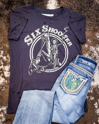 Six Shooter Distressed Graphic Tee - Faded Black – Apparel from Bronco Western Supply Co.