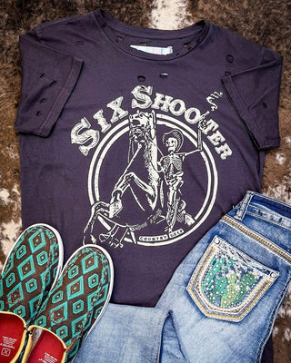 Six Shooter Distressed Graphic Tee - Faded Black – Apparel from Bronco Western Supply Co.
