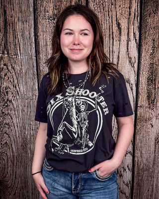 Six Shooter Distressed Graphic Tee - Faded Black – Apparel from Bronco Western Supply Co.