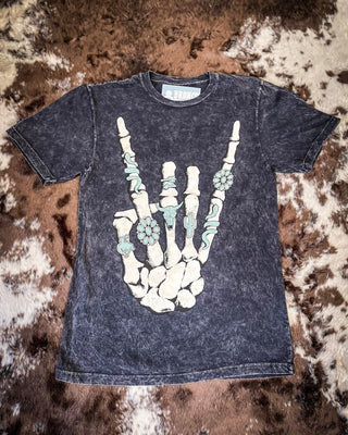 Skeleton Rock Hand Sign Graphic Tee - Black – Apparel from Bronco Western Supply Co.