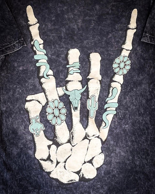 Skeleton Rock Hand Sign Graphic Tee - Black – Apparel from Bronco Western Supply Co.