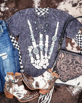 Skeleton Rock Hand Sign Graphic Tee - Black – Apparel from Bronco Western Supply Co.