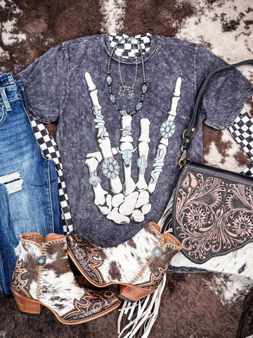 Skeleton Rock Hand Sign Graphic Tee - Black - Apparel - Lotus Fashion - Bronco Western Supply Co.