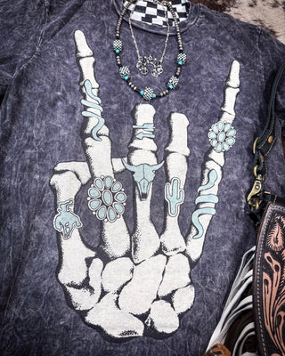 Skeleton Rock Hand Sign Graphic Tee - Black – Apparel from Bronco Western Supply Co.