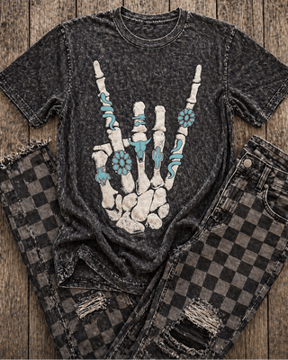 Skeleton Rock Hand Sign Graphic Tee - Black – Apparel from Bronco Western Supply Co.