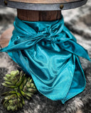 The Wynona Wild Rag in Turquoise tied around a wooden cable reel with a plant, resting on cowhide.