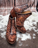 Sundance Spirit Handtooled Leather Booties in Chocolate By Myra Bag x Loyal West - Women's Shoes - Myra Bag - Bronco Western Supply Co.