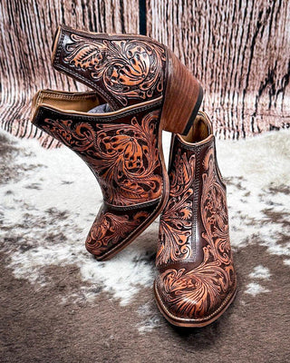 Sundance Spirit Handtooled Leather Booties in Chocolate By Myra Bag x Loyal West – Women's Shoes from Bronco Western Supply Co.
