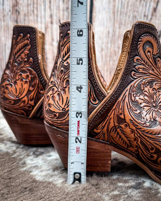 Sundance Spirit Handtooled Leather Booties in Chocolate By Myra Bag x Loyal West – Women's Shoes from Bronco Western Supply Co.