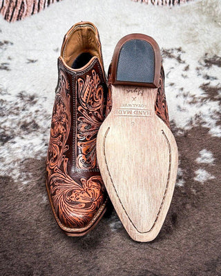 Sundance Spirit Handtooled Leather Booties in Chocolate By Myra Bag x Loyal West – Women's Shoes from Bronco Western Supply Co.