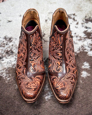 Sundance Spirit Handtooled Leather Booties in Chocolate By Myra Bag x Loyal West – Women's Shoes from Bronco Western Supply Co.