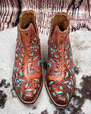 Sundance Spirit Handtooled Leather Booties in Turquoise by Myra Bag x Loyal West - Women's Shoes - Myra Bag - Bronco Western Supply Co.
