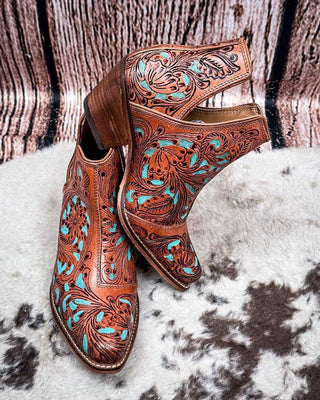 Sundance Spirit Handtooled Leather Booties in Turquoise by Myra Bag x Loyal West – Women's Shoes from Bronco Western Supply Co.
