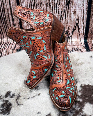 Sundance Spirit Handtooled Leather Booties in Turquoise by Myra Bag x Loyal West – Women's Shoes from Bronco Western Supply Co.