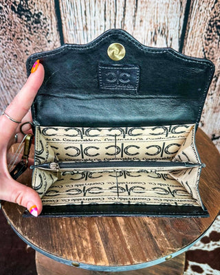 An open black leather wallet or clutch with a gold snap button, held by a hand. The interior is lined with beige patterned paper featuring the 'Countrywide Co.