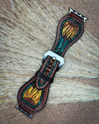 Sunflower Tooled Leather Smart Watch Band by American Darling – Accessories from Bronco Western Supply Co.