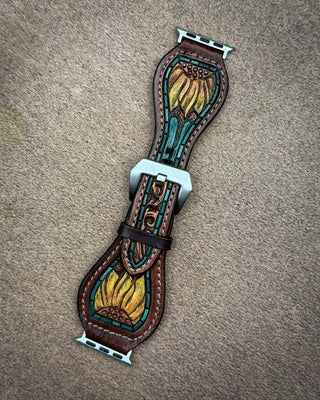 Sunflower Tooled Leather Smart Watch Band by American Darling – Accessories from Bronco Western Supply Co.