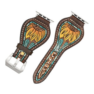 Sunflower Tooled Leather Smart Watch Band by American Darling – Accessories from Bronco Western Supply Co.