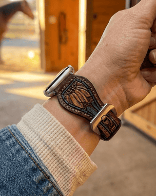 Sunflower Tooled Leather Smart Watch Band by American Darling – Accessories from Bronco Western Supply Co.