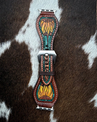Sunflower Tooled Leather Smart Watch Band by American Darling – Accessories from Bronco Western Supply Co.
