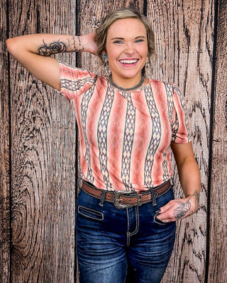 Sunset Revival Aztec Top – Coral Bubble Sleeve Tee – Apparel from Bronco Western Supply Co.