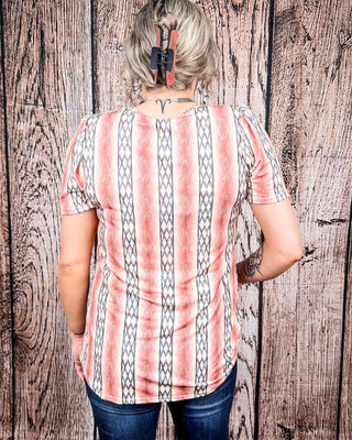Sunset Revival Aztec Top – Coral Bubble Sleeve Tee – Apparel from Bronco Western Supply Co.